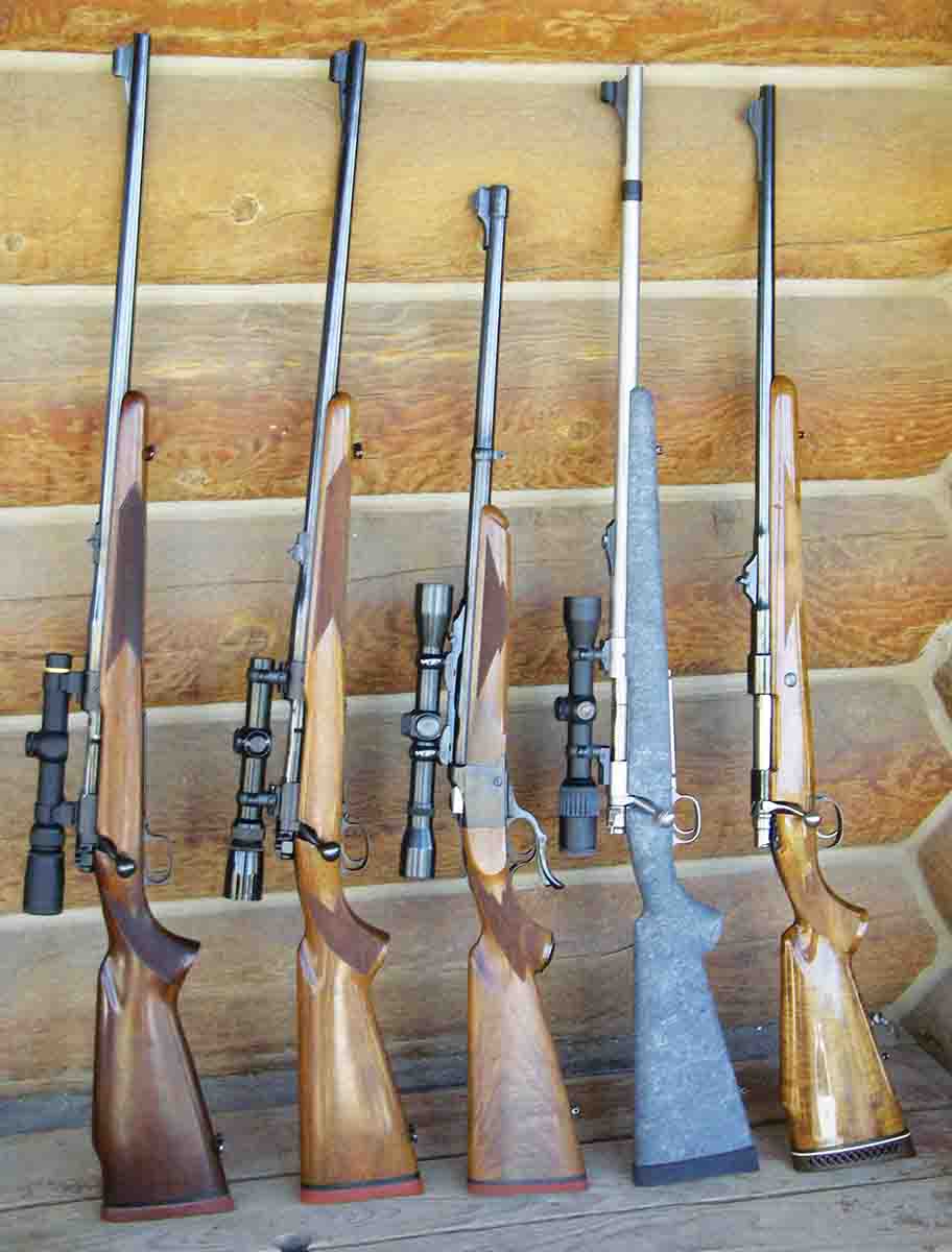 The .375 H&H Magnum is one of Brian’s  favorite big-game cartridges. A  few of his rifles  so chambered  include a  (1) Winchester pre-’64 Model 70 with a Leupold VX-3 1-5x  20mm scope,  (2) Winchester pre-’64 Model 70 with a Leupold Vari-X III 1-5x 20mm scope,  (3) Ruger No. 1 from the Elmer Keith collection, (4) Custom  Winchester Model 70 Classic Stainless with a Weaver Grand Slam 1.5-5x 32mm scope and a (5) Browning  FN High Power Safari Grade with a Mauser 98 action.
